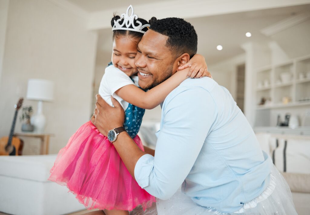 Happy,Father,,Daughter,And,Princess,With,Hug,In,Tutu,For